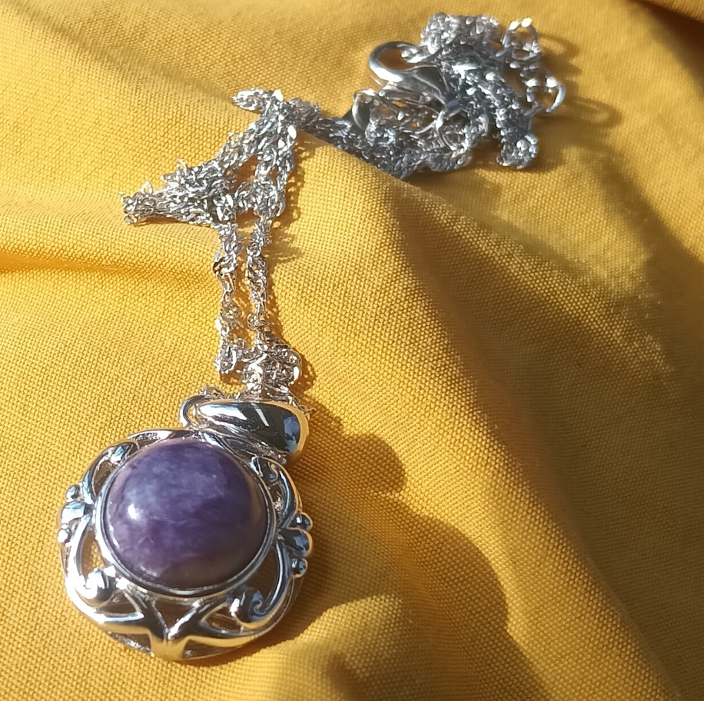 10mm Round Cabochon Purple Charoite Solitaire Rhodium Over Silver Pendant